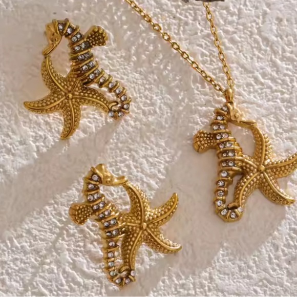 Seahorse Starfish Crystal 18K Gold Stainless Steel Waterproof Earrings - Picture 4 of 11